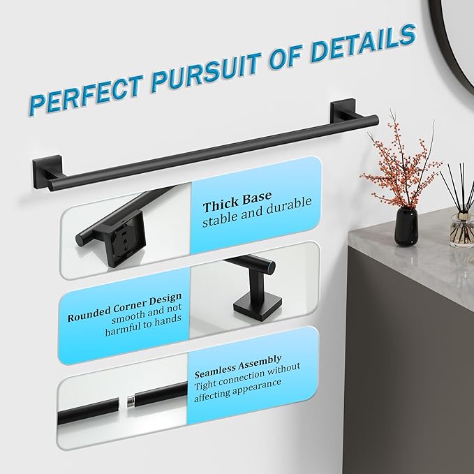 Alise 28 Inch Bathroom Towel Bar, SUS304 Stainless Steel Towel Racks for Bathroom, Towel Rack Wall Mounted Heavy Duty Hand Towel Holder Single Towel Bar, Matte Black