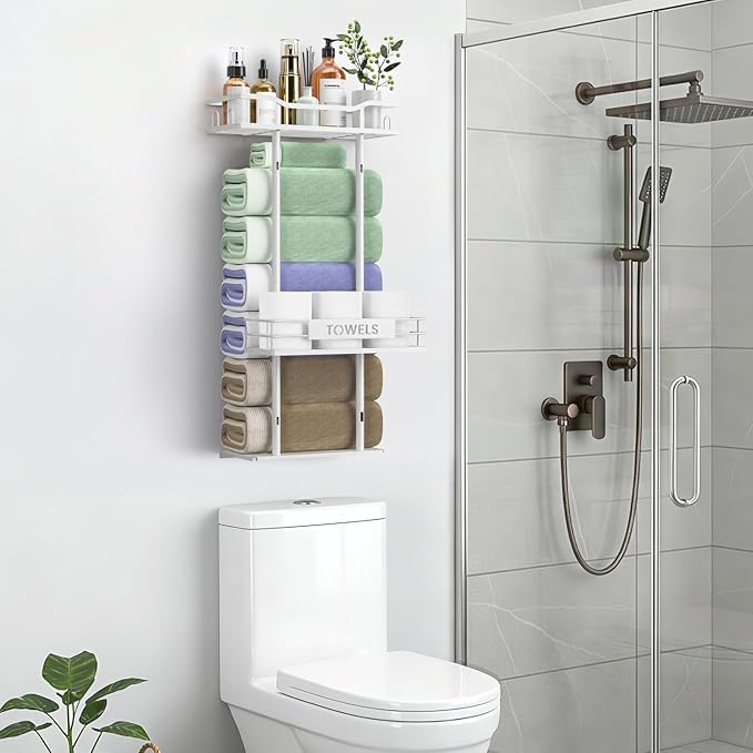Towel Racks for Bathroom, 30inch Wall Mounted Towel Rack, Towel Storage for Small Bathroom Can Holds 6 Large Towels, Floating Shelf with Adjustable Tissue Basket.(White)