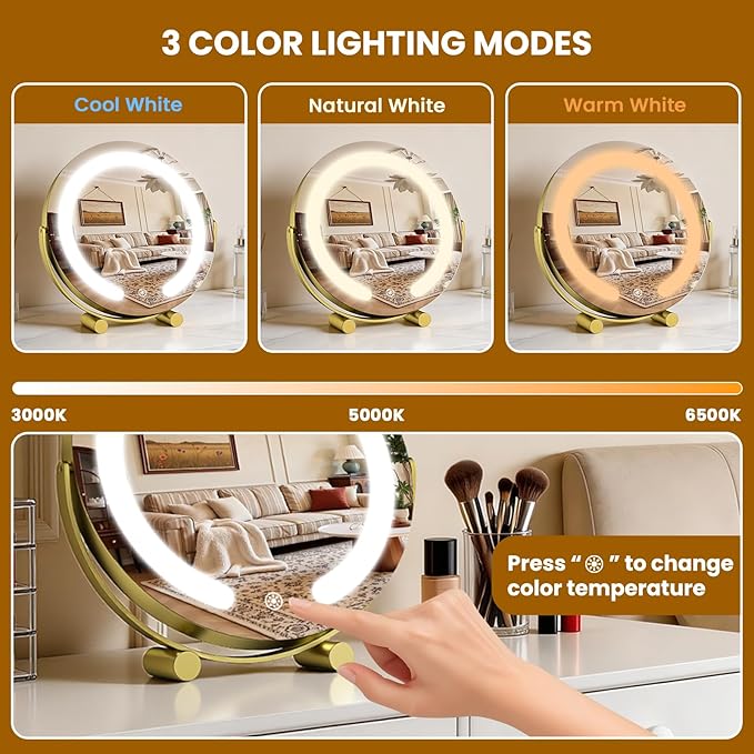 Vanity Mirror with Lights, 12" LED Makeup Mirror, HD Professional Mirror, Smart Touch with 3-Color Lighting, Dimmable, 360° Rotation, Lighted Up for Makeup Desk, Bedroom (Gold)