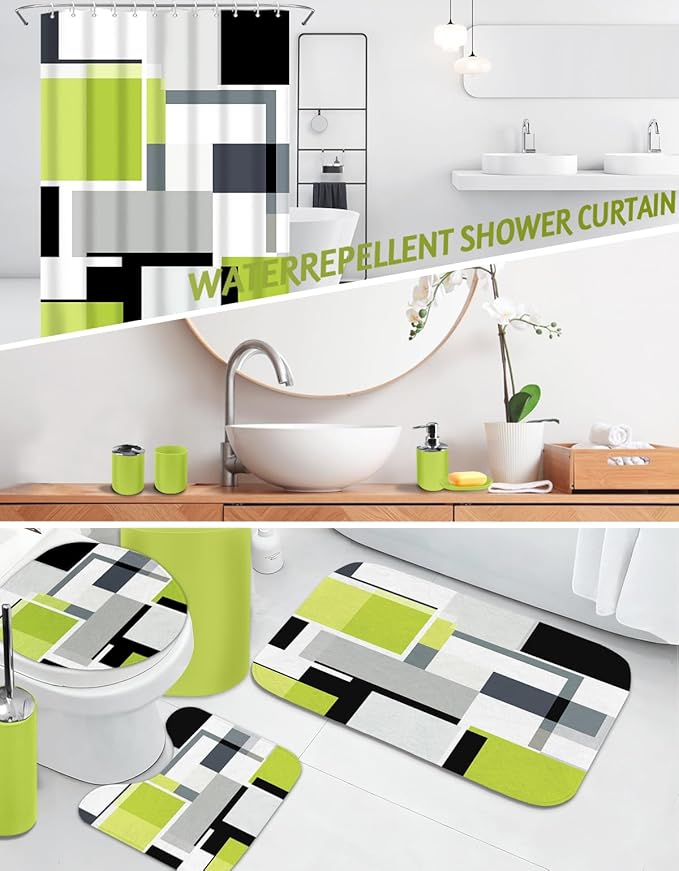 Lnond Green Bathroom Set, 22-Piece Green Black Geometry Bathroom Decor Set with with Shower Curtain and Rugs, Trash Can, Toilet Brush Holder Set & Soap Dispenser