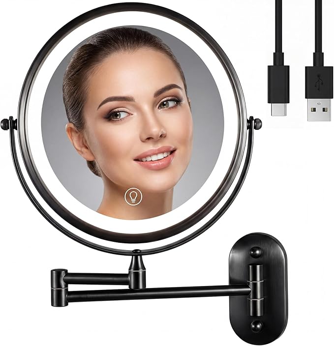 Wall Mounted Lighted Makeup Mirror, 8" Double-Sided 1X/30X, Rechargeable, 3-Color Dimmable Touch, 15.9" Swing Arm, Narrow Base, USB-C Charging, 360° Rotation, Black