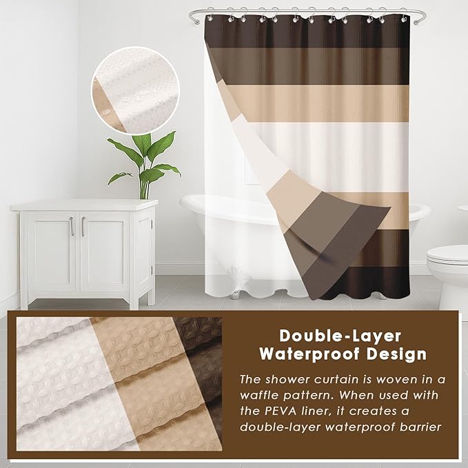 Britimes Brown Stripes Bathroom Sets with Shower Curtain and Rugs, Ombre Modern Minimalist Striped Waterproof Shower Curtain Liner and Soft Non Slip Bath Mat for Bathroom Decor and Accessories Hooks