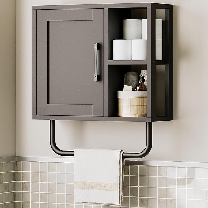 YATINEY Medicine Cabinet, Bathroom Wall Cabinet with Towel Bar, Adjustable Shelf and Open Partition, Over The Toilet Storage Cabinet, for Bathroom, Laundry Room, Living Room, Kitchen, Black