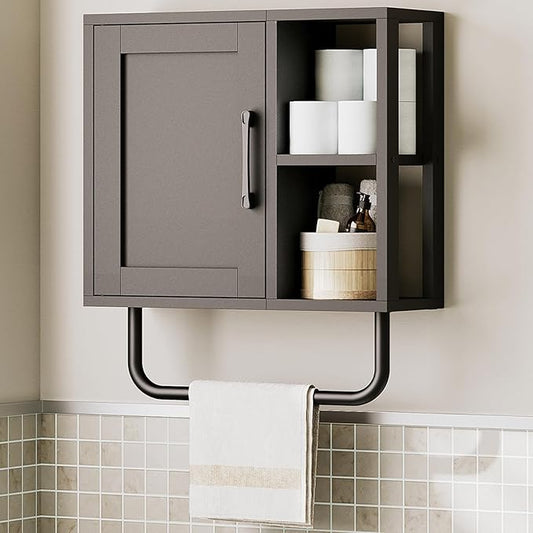 YATINEY Medicine Cabinet, Bathroom Wall Cabinet with Towel Bar, Adjustable Shelf and Open Partition, Over The Toilet Storage Cabinet, for Bathroom, Laundry Room, Living Room, Kitchen, Black