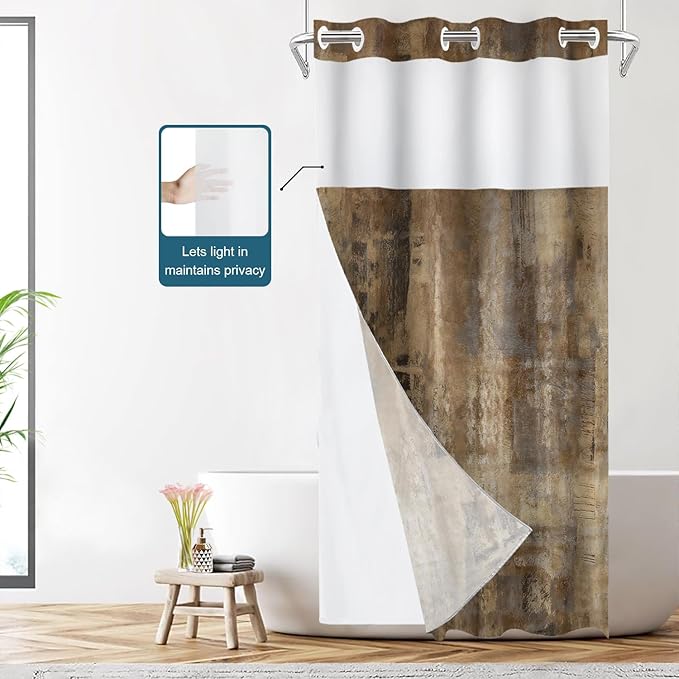 Shrahala Brown Abstract Art No Hooks Shower Curtain with Snap in Liner Set, Grey Acrylic Bathroom Décor Polyester Fiber Waterproof for Stall Bathtubs 35.5 X 74 in