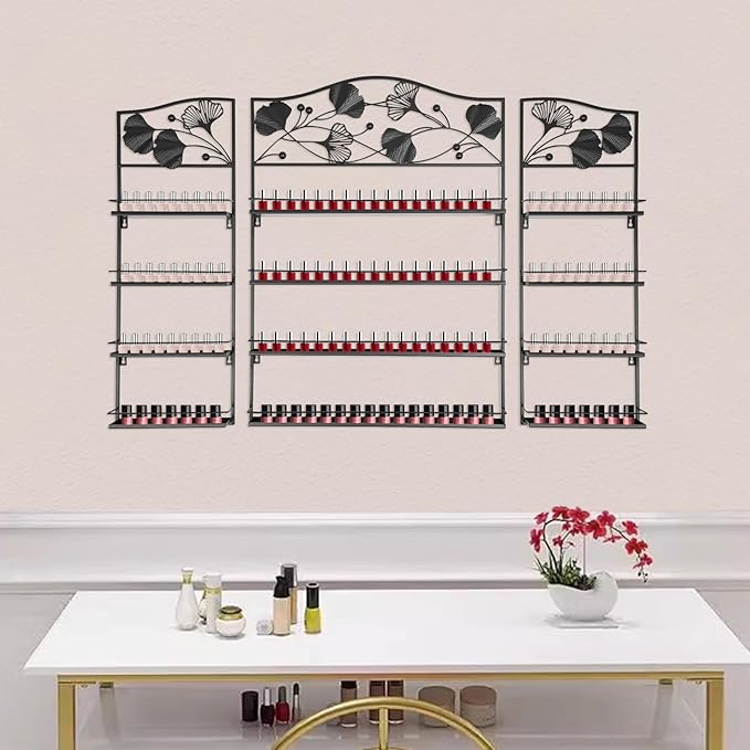 3PCS Metal Nail Polish Racks, Nail Polish Wall Organizer 4 Tiers Leafage Shape Display Rack Wall Mounted Display Case for Home Spa Nail Salon Shop-Black