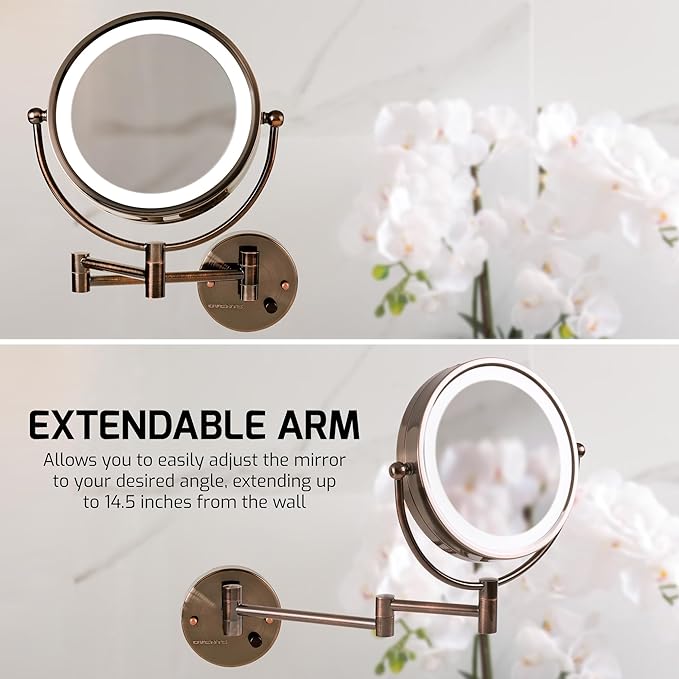 OVENTE Wall Mounted Lighted Makeup Vanity Mirror, 9" Hard Wired Double Sided 1X/7X Magnifying Bathroom Mirror, Dimmable LED Lights, 360° Rotation and 14" Extendable Arm, Antique Brass MPWD3185AB1X7X