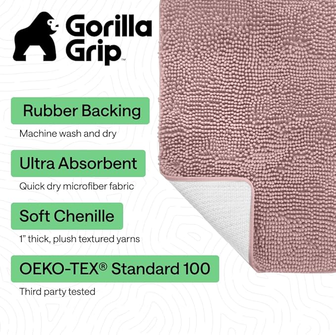 GORILLA GRIP Bath Rug Mat 30x20, Thick Soft Absorbent Chenille, Quick Dry Microfiber Mats, Rubber Backing Washable Shower Floor Rugs, US Designed Bathroom Bathmat Home Decor Accessories, Dusty Rose