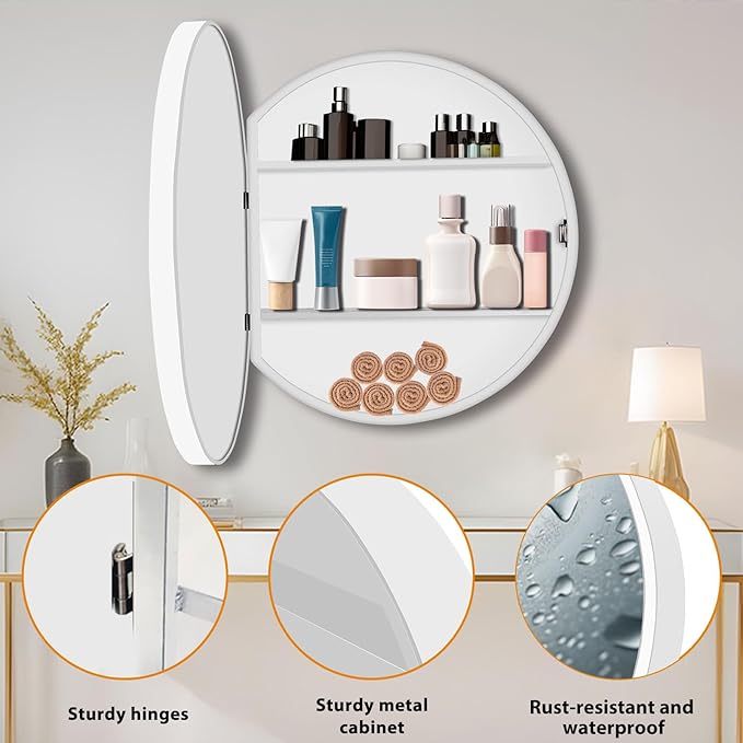 26 Inch Round Medicine Cabinet with Mirror, White Bathroom Medicine Cabinet for Wall Metal Framed, Surface Mount Only Circular Storage Cabinet with Vanity Mirror