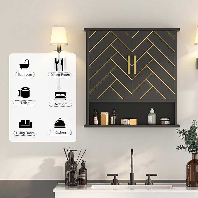 Black Chevron Pattern Bathroom Wall Cabinet, Modern Hanging Medicine Cabinet with Gold Hardware, Space-Saving Over Toilet Storage Organizer (23 5/8" x 22 7/8" x 7 1/8")