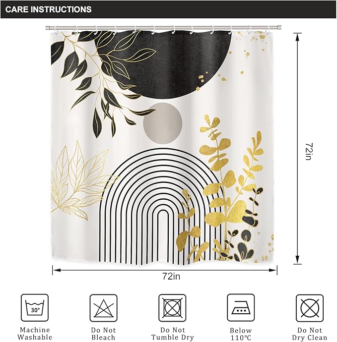 Riyidecor Boho Black Gold 4Pcs Shower Curtain Set with Toilet Lid Cover and Non-Slip Rugs, Mid Century Modern Minimalist Bathroom Decor Set，Abstract Contour and Bath Mat with 12 Hooks