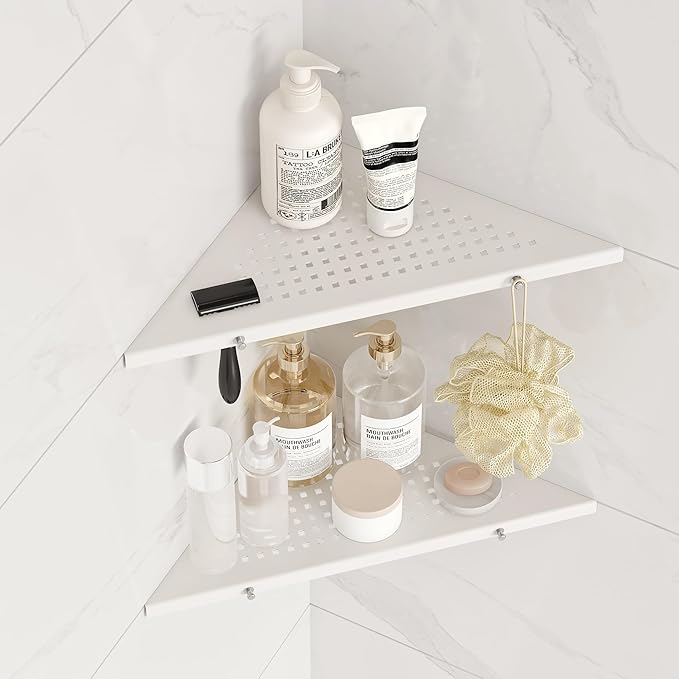 Qeke 10" Bathroom Corner Shelf, 2 Pack Recessed Shower Shelf Caddy, SUS304 Stainless Steel Shelf Wall Mount Triangular, No Drilling Matte White