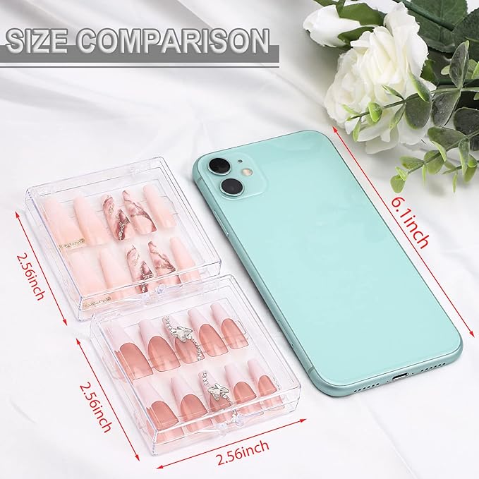 Noverlife 10PCS Press On Nail Storage Box, 2.6x2.6 inch / 6.5x6.5cm Clear Empty Plastic Nail Tips Storage Box with Arcylic Nail Display Sticks, Nail Glue Double Sided Tape for Press on False Nail