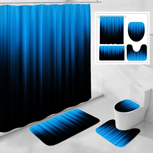 Litabel 4 Pcs Blue and Black Gradient Shower Curtain Set with Rugs and Toilet Lid Cover, Modern Simple Waterproof Fabric Bathroom Set, Ombre Stripe Gothic Abstract Bathroom Decor Set Accessories