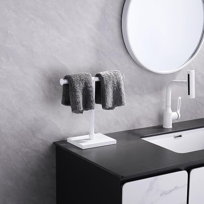 GERZWY Hand Towel Holder Standing Tree Rack for Bathroom Vanities Countertop SUS 304 Stainless Steel Towel Ring, White