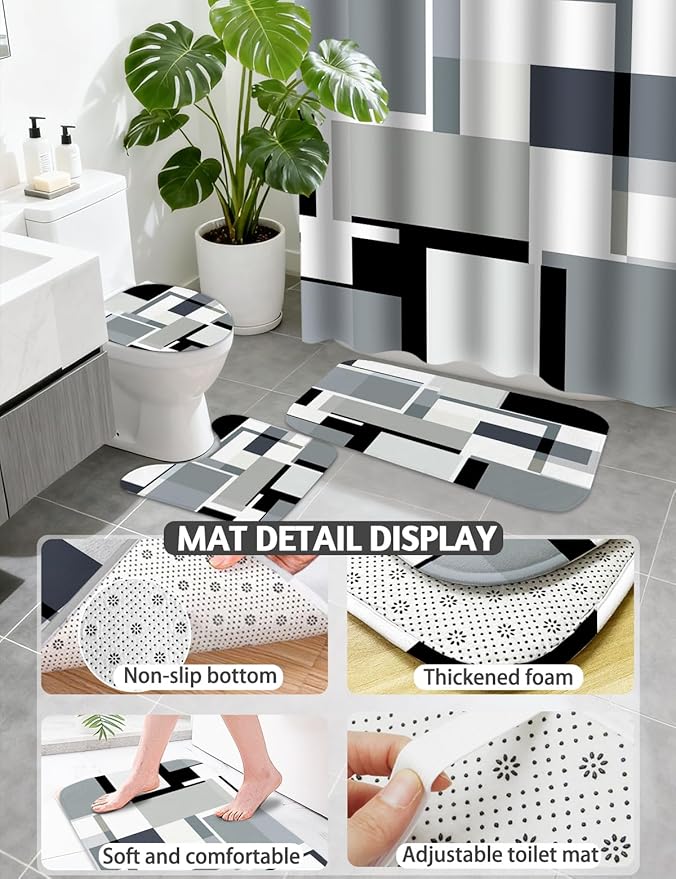 Lnond Grey Black Bathroom Set, 22-Piece Grey Black Geometry Bathroom Decor Set with with Shower Curtain and Rugs, Trash Can, Toilet Brush Holder Set & Soap Dispenser