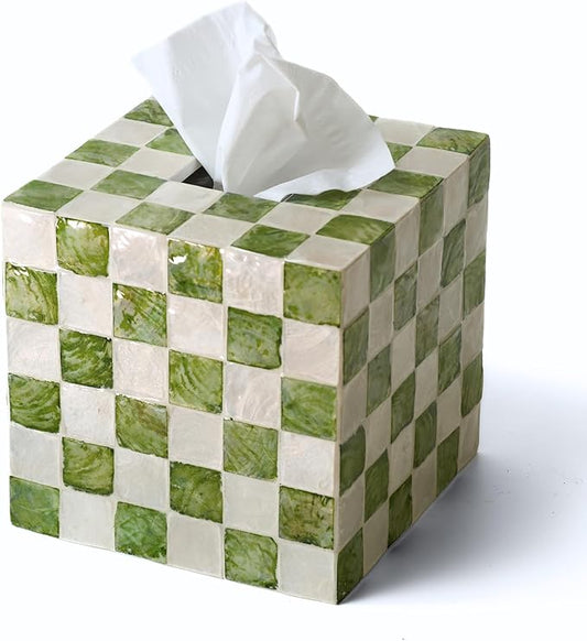 CHI AN HOME 5.7" Square Tissue Box Cover, Handmade Checkered Cube Tissue Box Cover with Capiz Shells, Decorative Tissue Holder for Living Room, Bathroom, Bedroom or Office (Pistachio Green)