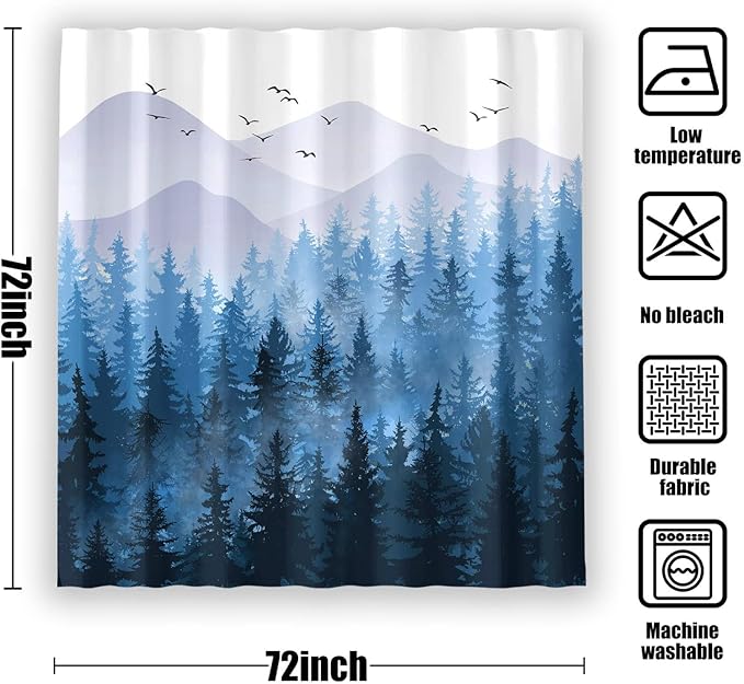 Accnicc Blue Misty Forest Shower Curtain Set Ombre Navy Blue Mountain Pine Tree Waterproof Fabric Shower Curtains for Bathroom Nature Woodland Decorative Modern Bath Curtain Decor 72×72 Inches