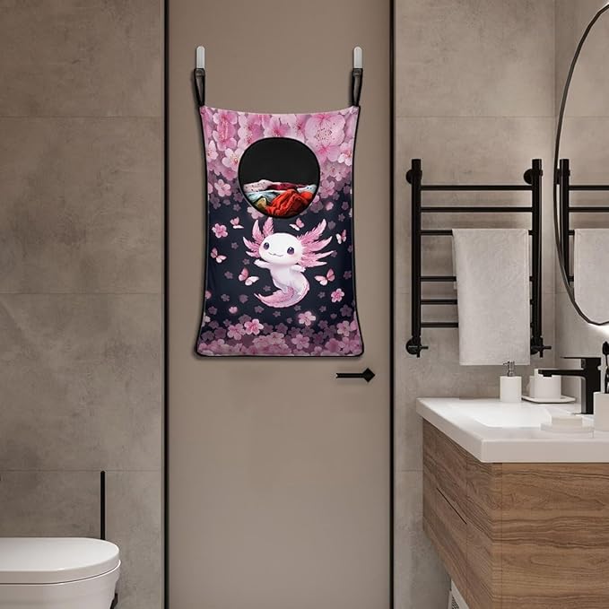 ZOUTAIRONG Pink Axolotl Cherry Blossoms Hanging Laundry Bags for Closet Laundry Basket Clothes Hamper Large Storage Organizer for Kids Bedroom, Bathroom Clothes Hampers