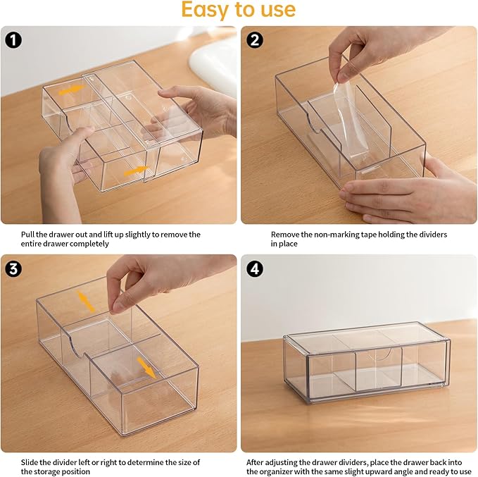 PAVSTINE Medicine Cabinet Organizer 3 Pack, Plastic Stackable Storage with 2 Drawers, Bathroom Mirror Cabinet Organizer with Removable Dividers for Wall Cabinet, Vanity, Countertop, Clear