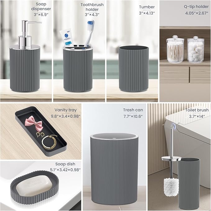 Grey Bathroom Accessories Set, 10PC Bathroom Set, Bath Accessory with Pop Up Trash Can, Soap Dispenser, Toilet Brush, Toothbrush Set Qtip Holders & Tray