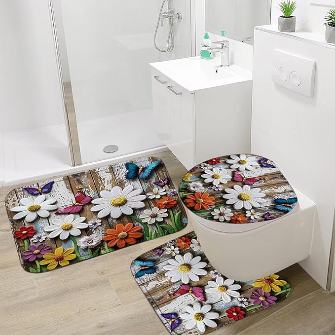 ZLQQ 4Pcs Daisy Butterfly Shower Curtain Sets with Rugs Garden Bathroom Set with Non-Slip Rugs Toilet Lid Cover and Bath Mat Vintage Shower Curtain with 12 Hooks, Durable Bathroom Decor Set