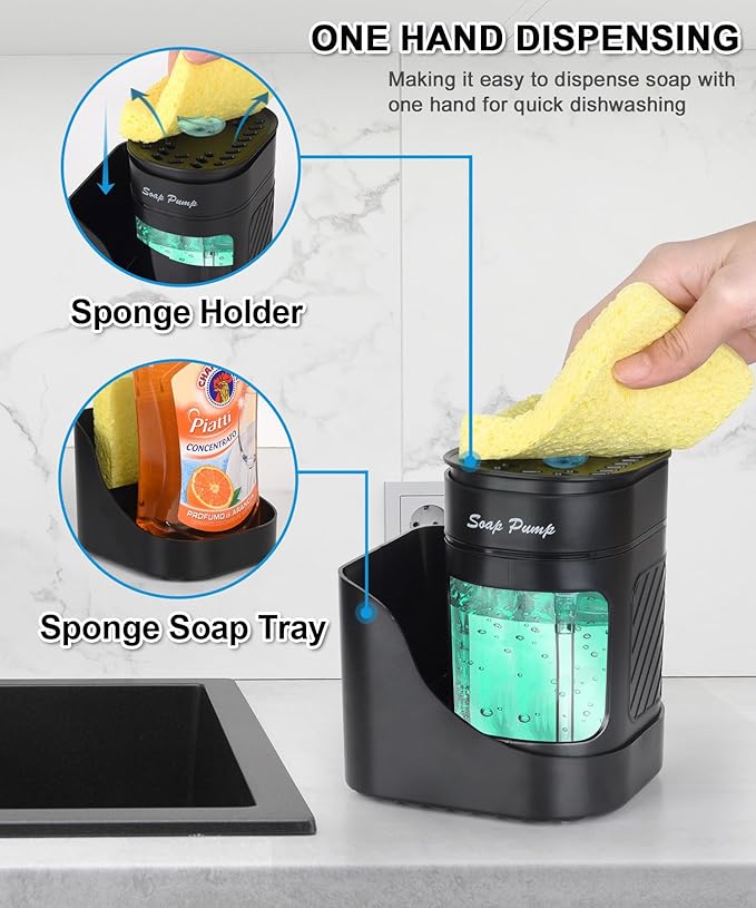 Kitchen Dish Soap Dispenser with Sponge Holder, 3-in-1 Countertop Dishwashing Soap Pump Dispenser Set for Kitchen Sink, Useful Kitchen Gadgets - Black