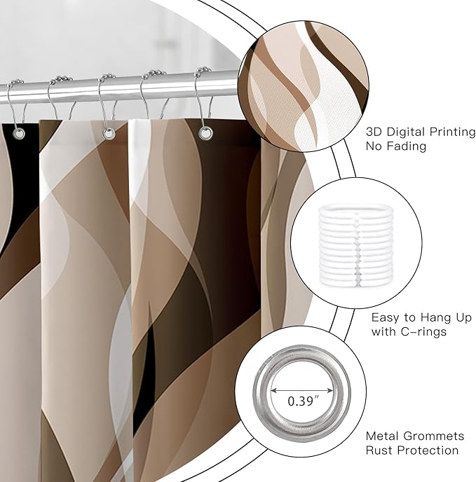 4PCS Brown Bathroom Sets with Shower Curtain and Rugs, Abstract Striped Shower Curtain Sets with Rugs, Modern Luxury Bathroom Curtains Shower Set Accessories