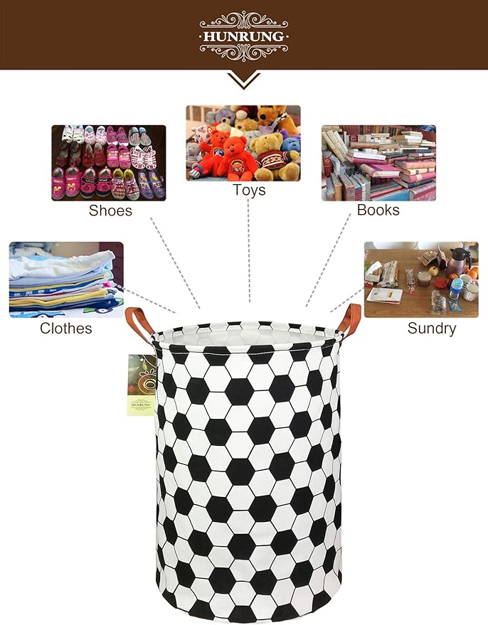 HUNRUNG Laundry Hamper,Large Canvas Fabric Lightweight Storage Basket Toy Organizer Dirty Clothes Collapsible Waterproof for College Dorms, Children Bedroom,Bathroom???Roud-Football???
