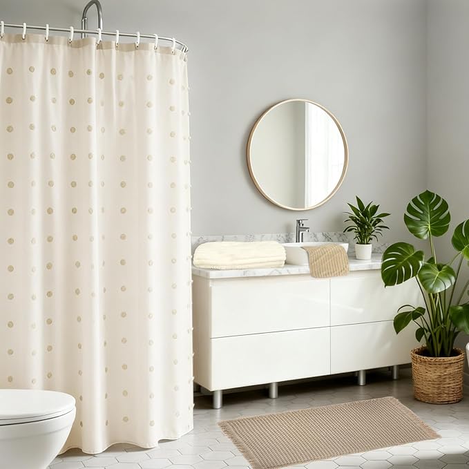 5 Pcs Boho Farmhouse Bathroom Shower Curtain Set Non Slip Waterproof Neutral Shower Curtain with Towel Cream, Waffle Bath Mat 12 Hooks for Bathroom Decoration, 71 x 71 Inch