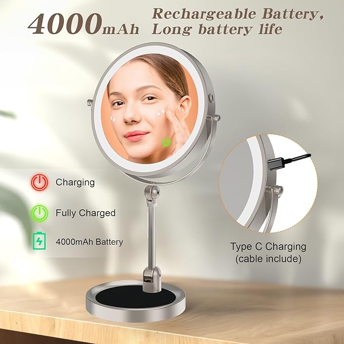 Rocollos Lighted Vanity Mirror: 9" Rechargeable Tabletop Makeup Mirror, 10X Magnification, 3 Color Dimmable, Height Adjustable Cordless Mirror, 4000mAh USB-C, 360° Swivel, Rustproof for Bathroom