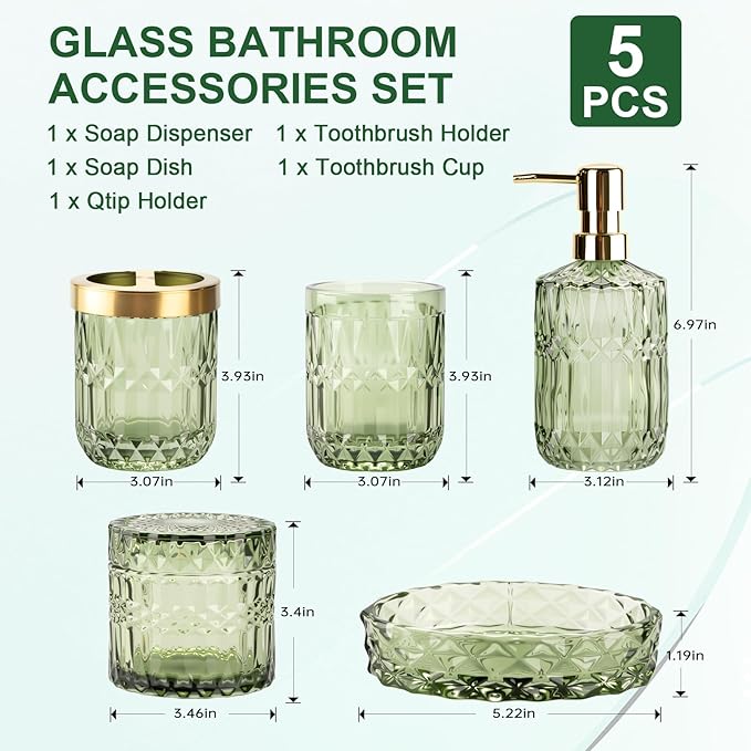 Green Bathroom Accessories Set, 5Pack Clear Glass Bathroom Accessories, Includes Lotion Soap Dispenser, Toothbrush Holder, Qtip Holder and Soap Dish, Vintage Bathroom Décor