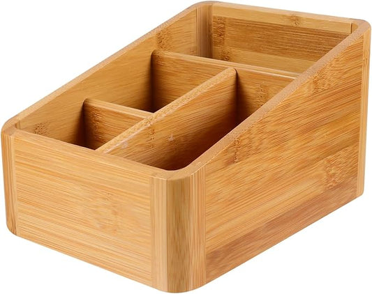 Angoily Wood Organizer Box Wood Compact Storage Organizer Bin Bathroom Countertop Storage Bin 4 Compartment Basket for Kitchen Cabinet