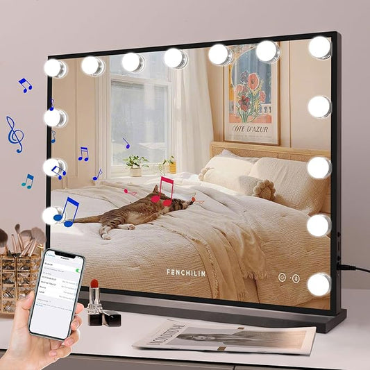 FENCHILIN Hollywood Vanity Mirror with Lights and Bluetooth Speaker Makeup with 15 Dimmable Lighted LED Bulbs Tabletop or Wall-Mounted for Dressing Room Bedroom