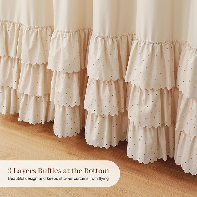 Adjustable Bow-Tie Top Beige Ruffle Shower Curtain for Girls Women, Delicate Fabric Shower Curtain with Handcrafted Ruffles and Small Holes, Waterproof Ruched Farmhouse Bathroom Curtain, 72"W x 72"H