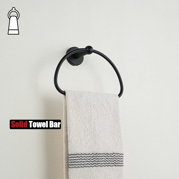 JQK Towel Ring Matte Black, Stainless Steel Half Ring Towel Holder for Bathroom, 7 Inch Brushed Finished Wall Mount, TR160-PB