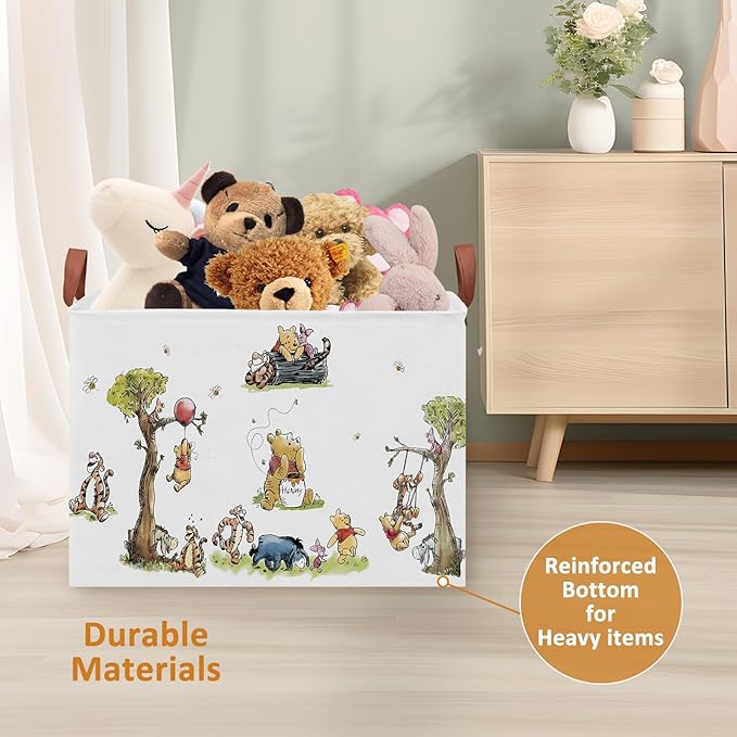 Cute Bear Nursery Storage Basket With Hard Bottom,Classic Bear Decorative Storage Hamper With Waterproof PE Coating,Large Square Canvas Cotton Laundry Bin for Baby Stuff,Diaper Bag