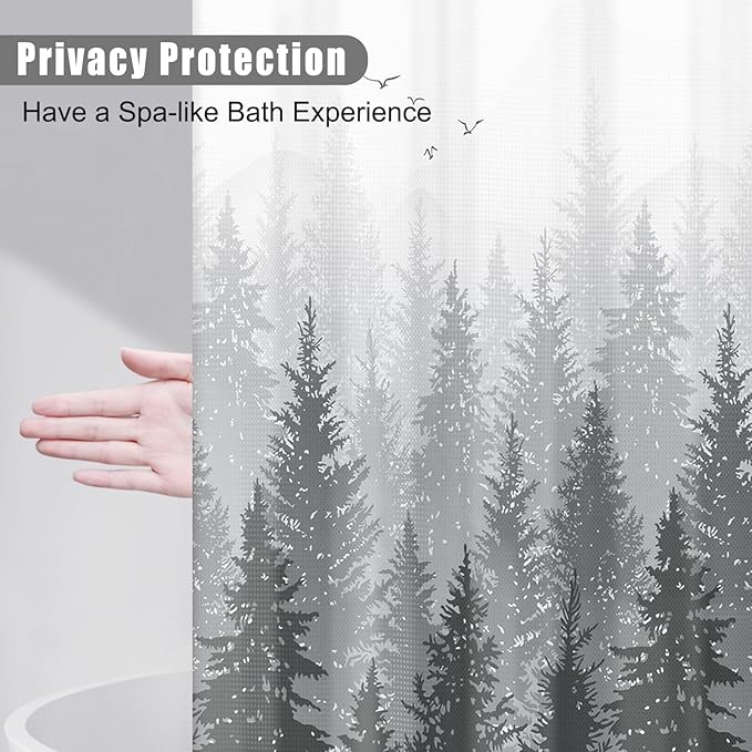 Hokibero Mountain Grey and White Shower Curtain Misty Forest Shower Curtain Nature Tree Plant Waffle Fabric Curtains for Bathroom Water Repellent Silver Gray, 72 x 72 inch