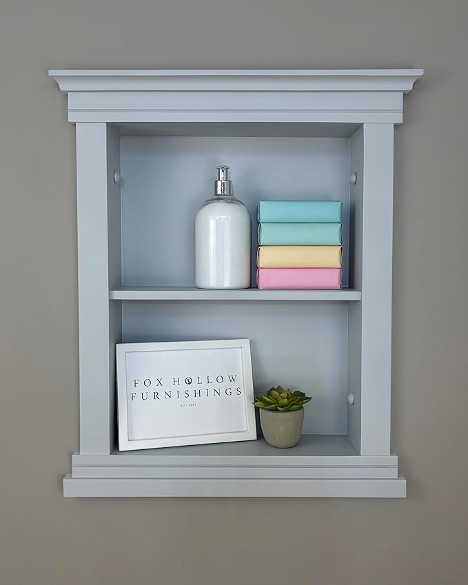 Fox Hollow Furnishings 14x18 Elliot Craftsman Recessed Wood Wall Niche, Open Medicine Cabinet Replacement, in The Wall Bathroom Cabinet Insert Shelves, Made in North America, NO MDF, Plain, Light Gray