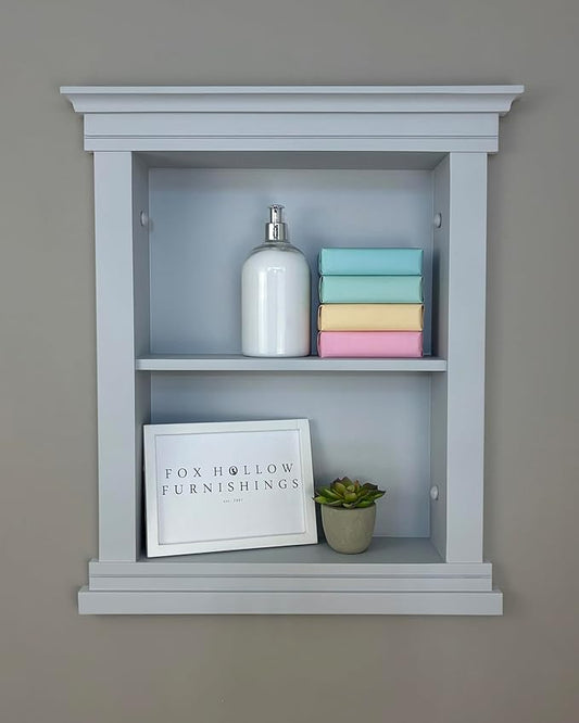 Fox Hollow Furnishings 14x18 Elliot Craftsman Recessed Wood Wall Niche, Open Medicine Cabinet Replacement, in The Wall Bathroom Cabinet Insert Shelves, Made in North America, NO MDF, Plain, Light Gray