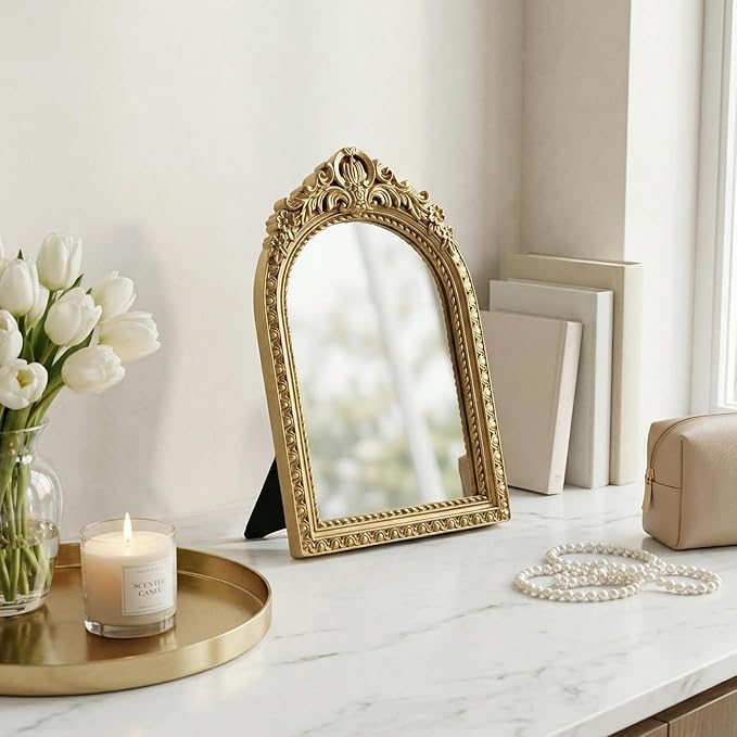 Vintage Gold Mirror for Desk, 10" x 7" Ornate Tabletop Vanity Mirror, Antique Style Decorative Small Mirror for Bedroom Dresser, Baroque Metal Frame Aesthetic Room Decor