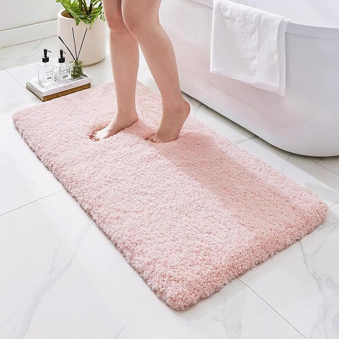 Bathroom Rugs Non Slip Washable 70x24, Ultra Thick Soft Microfiber Absorbent Bath Mats, High Density Foam Latex Non Slip Backing Bath Rugs, Fluffy Floor Carpet for Tub&Shower, Pink
