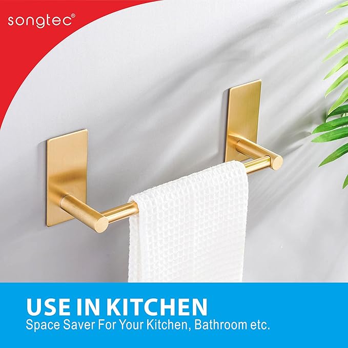 Songtec Gold Towel Bar 12-Inch, Adhesive Stick On Bath Towel Rack No Drill, Strong Adhesion Tape Mount Towel Holder, Stainless Steel - Brushed Gold