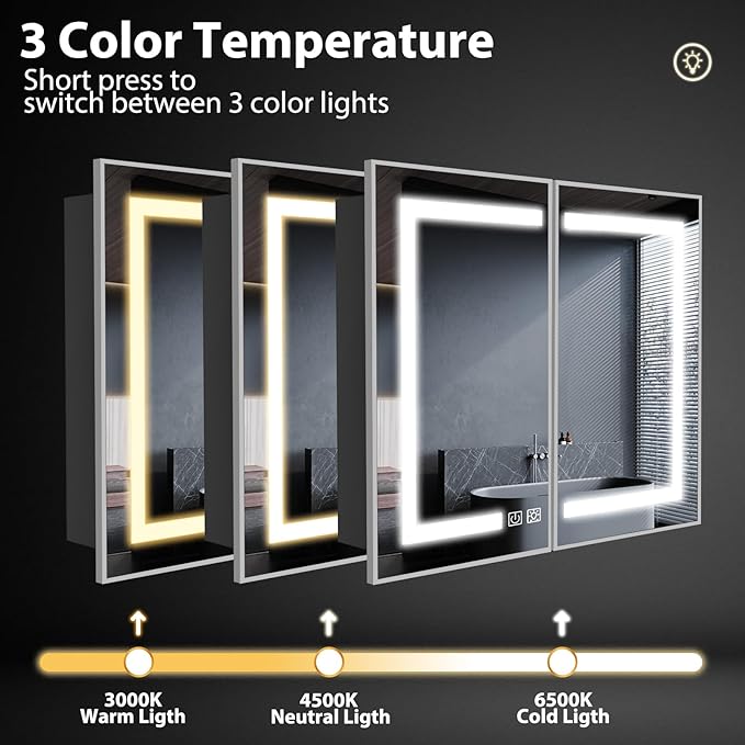 ROOMTEC Lighted Medicine Cabinet with Mirror 40"x32", Wall Mounted Bathroom Mirror with Storage, 2 Doors Bathroom Wall Cabinet with LED Lights,Silver
