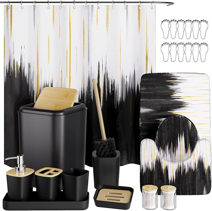 XLHOMO Black Bathroom Accessories Set - 24PCS Bathroom Sets with Shower Curtain and Rugs,Waterproof Black and White Shower Curtain Set, Toilet Brush, Trash Can & Soap Dispenser