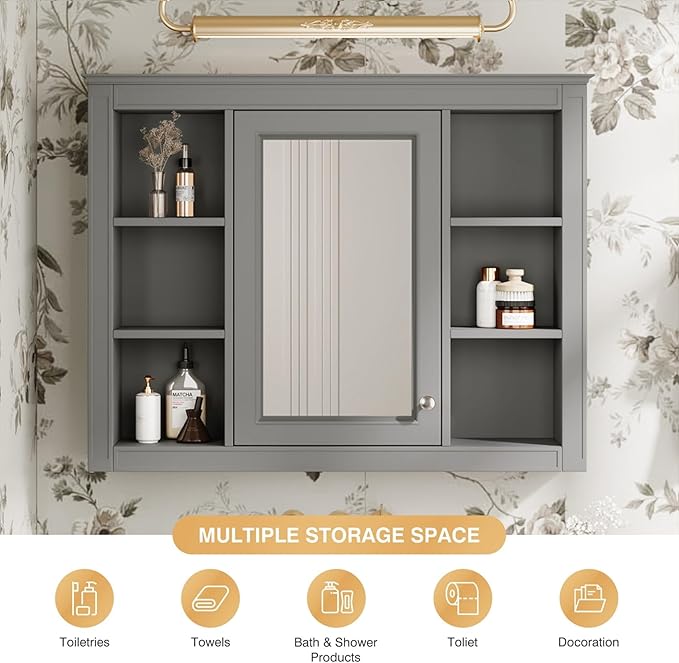 Merax 35''L Bathroom Medicine Storage Cabinet with Mirror Doors, Modern Wall Mount Toilet Organizers with 6 Open Shelves, Grey