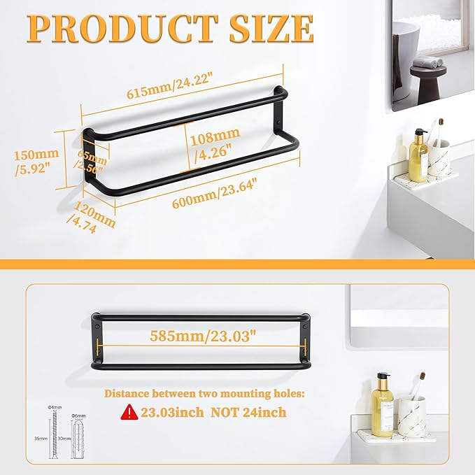 Alise Double Towel Bar,24 Inch Towel Racks for Bathroom, SUS304 Stainless Steel Towel Bar for Bathroom Wall,Quick Drying Bathroom Towel Holder Bath Towel Hanger,Matte Black