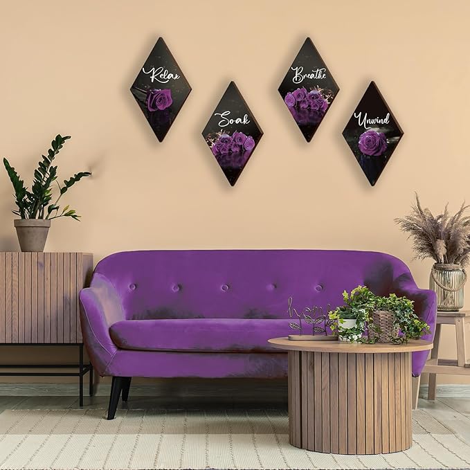 ONIZHITY Set of 4 Purple Bathroom Decor Rose Wooden Wall Decor Flower Rustic Romantic Floral Farmhouse Wall Decor Breathe Soak Unwind Relax Sign Purple Decor for Room Bedroom Bathroom (purple 12 x 7)