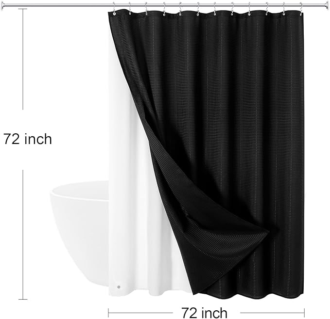 Gibelle 3 in 1 Black Waffle Shower Curtain Set 72x72, Luxury Weighted Fabric Shower Curtain with PEVA Liner, 12 Stainless Steel Double-Sided Hooks, Water Repellent, Bathroom Decor