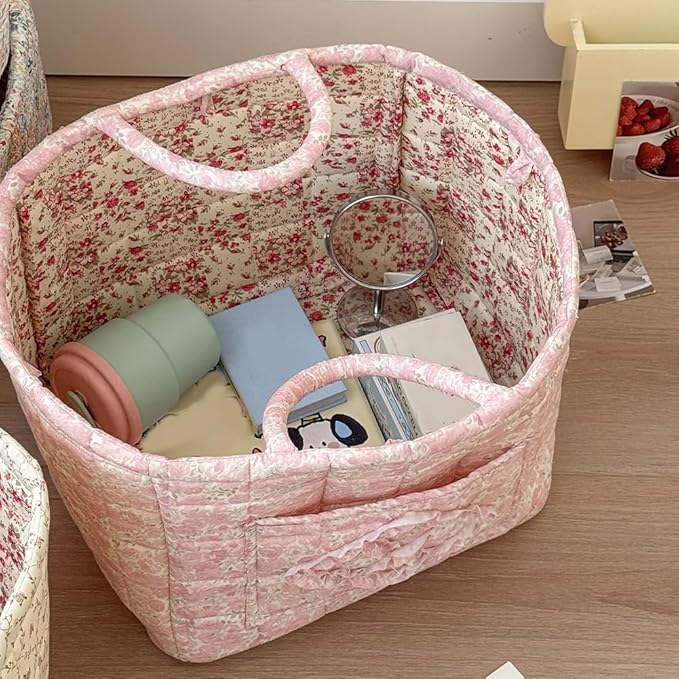 Quilted Fabric Storage Basket Boho Floral Laundry Baskets with Handles Collapsible Quilted Soft Basket for Car, Clothes, Toys Storage